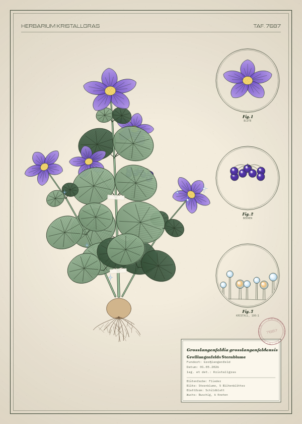 Botanische Tafel: Grosslangenfeldia grosslangenfeldensis, eine erfundene Pflanze aus Großlangenfeld, gezeichnet wie in einem alten Pflanzenatlas