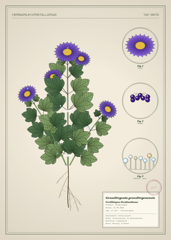 Botanische Tafel: Grosslittgenia grosslittgenensis, eine erfundene Pflanze aus Großlittgen, gezeichnet wie in einem alten Pflanzenatlas