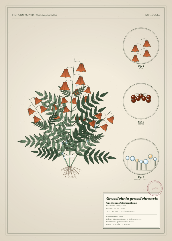 Botanische Tafel: Grosslohria grosslohrensis, eine erfundene Pflanze aus Großlohra, gezeichnet wie in einem alten Pflanzenatlas