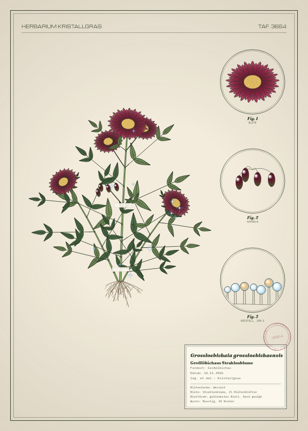 Botanische Tafel: Grossloebichaia grossloebichaensis, eine erfundene Pflanze aus Großlöbichau, gezeichnet wie in einem alten Pflanzenatlas