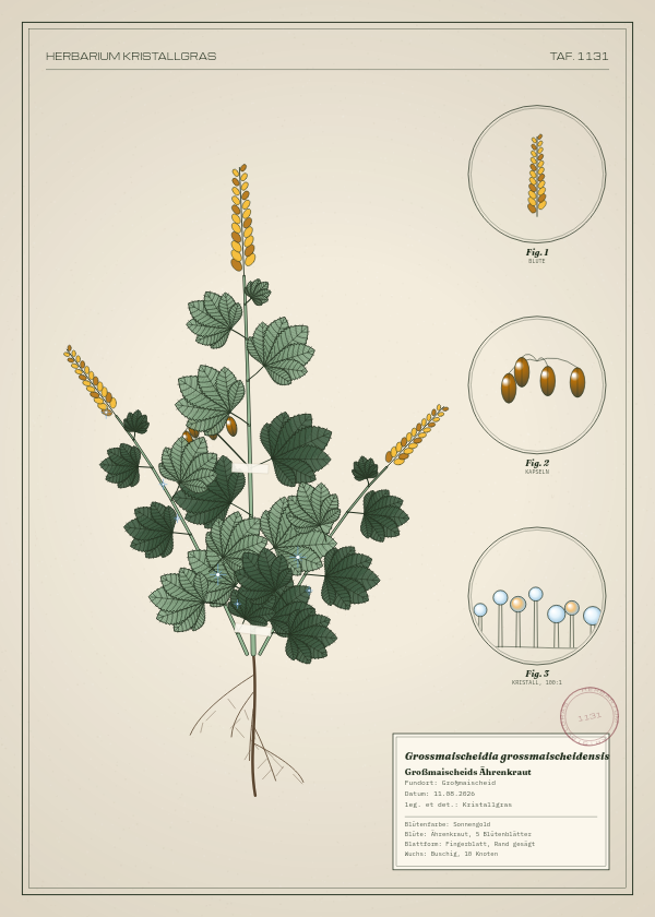 Botanische Tafel: Grossmaischeidia grossmaischeidensis, eine erfundene Pflanze aus Großmaischeid, gezeichnet wie in einem alten Pflanzenatlas