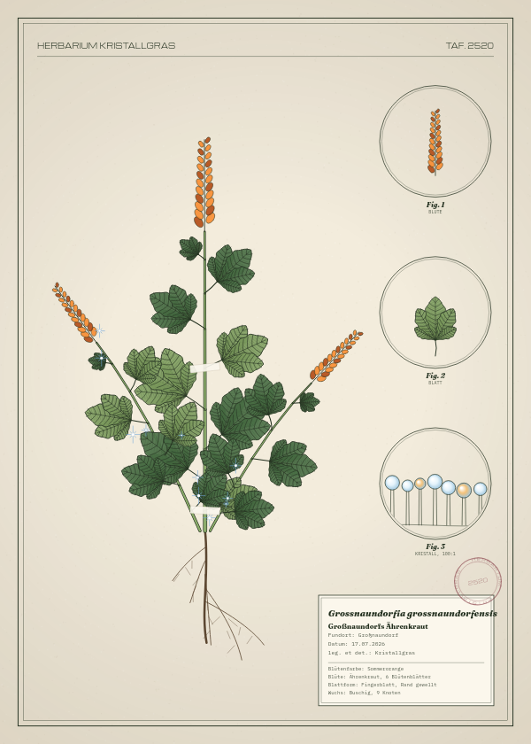 Botanische Tafel: Grossnaundorfia grossnaundorfensis, eine erfundene Pflanze aus Großnaundorf, gezeichnet wie in einem alten Pflanzenatlas