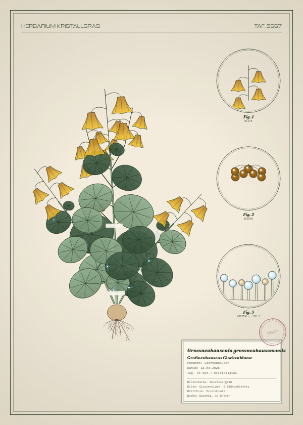 Botanische Tafel: Grossneuhausenia grossneuhausenensis, eine erfundene Pflanze aus Großneuhausen, gezeichnet wie in einem alten Pflanzenatlas