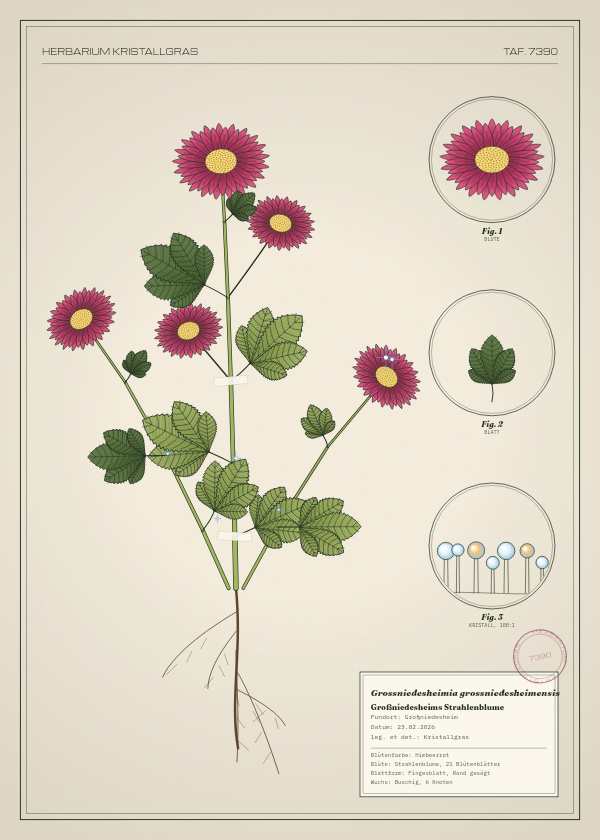 Botanische Tafel: Grossniedesheimia grossniedesheimensis, eine erfundene Pflanze aus Großniedesheim, gezeichnet wie in einem alten Pflanzenatlas
