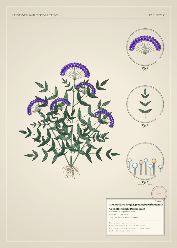 Botanische Tafel: Grossolbersdorfia grossolbersdorfensis, eine erfundene Pflanze aus Großolbersdorf, gezeichnet wie in einem alten Pflanzenatlas