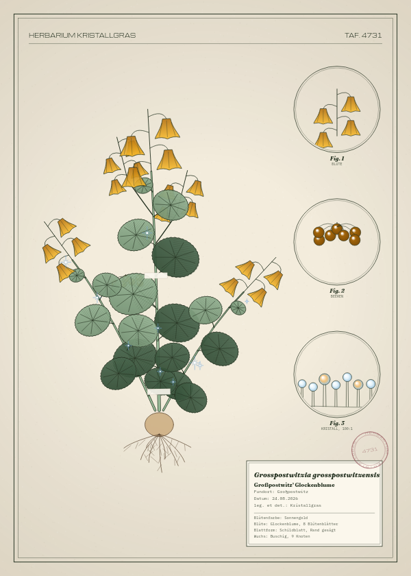 Botanische Tafel: Grosspostwitzia grosspostwitzensis, eine erfundene Pflanze aus Großpostwitz, gezeichnet wie in einem alten Pflanzenatlas