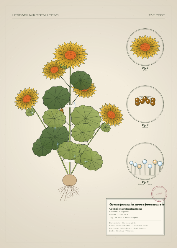 Botanische Tafel: Grosspoesnia grosspoesnensis, eine erfundene Pflanze aus Großpösna, gezeichnet wie in einem alten Pflanzenatlas