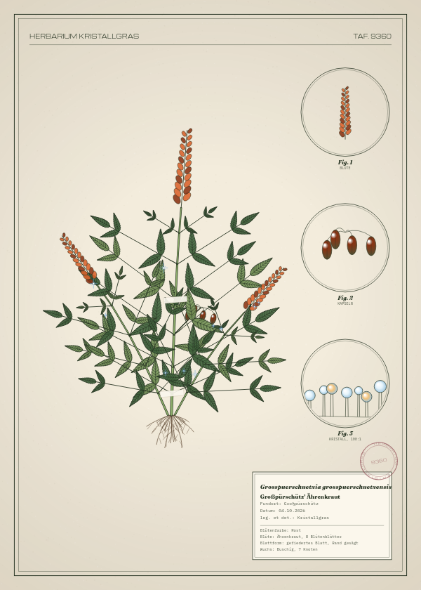 Botanische Tafel: Grosspuerschuetzia grosspuerschuetzensis, eine erfundene Pflanze aus Großpürschütz, gezeichnet wie in einem alten Pflanzenatlas