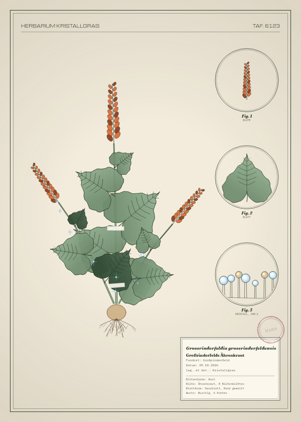 Botanische Tafel: Grossrinderfeldia grossrinderfeldensis, eine erfundene Pflanze aus Großrinderfeld, gezeichnet wie in einem alten Pflanzenatlas