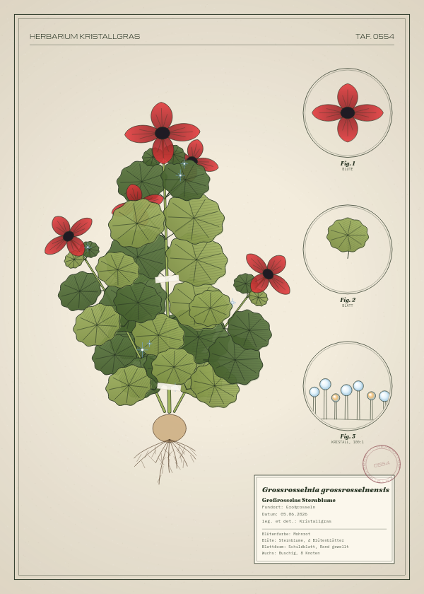 Botanische Tafel: Grossrosselnia grossrosselnensis, eine erfundene Pflanze aus Großrosseln, gezeichnet wie in einem alten Pflanzenatlas