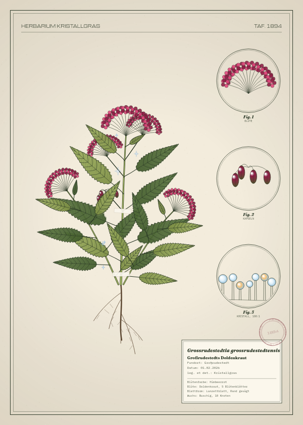 Botanische Tafel: Grossrudestedtia grossrudestedtensis, eine erfundene Pflanze aus Großrudestedt, gezeichnet wie in einem alten Pflanzenatlas