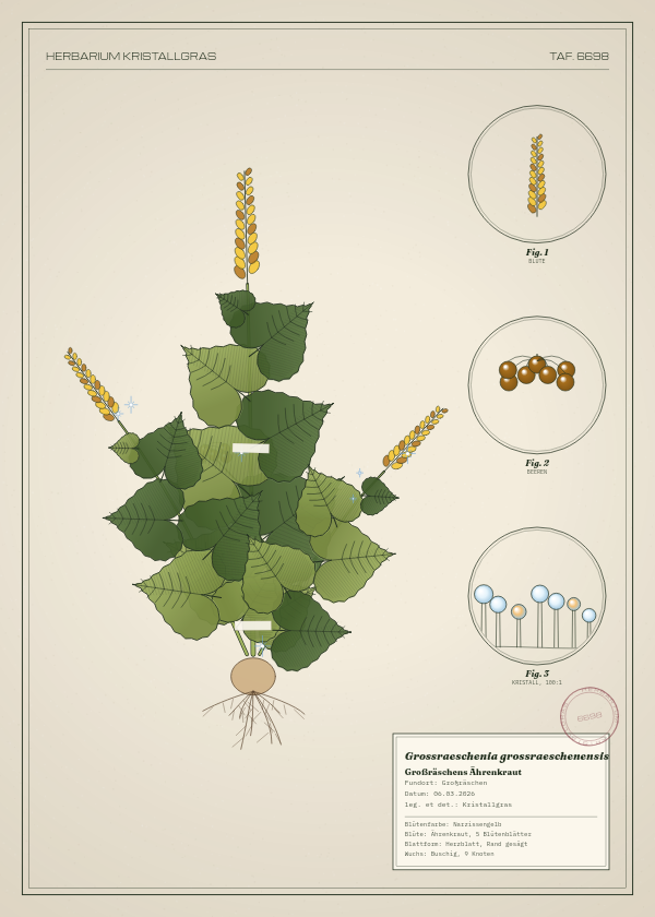 Botanische Tafel: Grossraeschenia grossraeschenensis, eine erfundene Pflanze aus Großräschen, gezeichnet wie in einem alten Pflanzenatlas