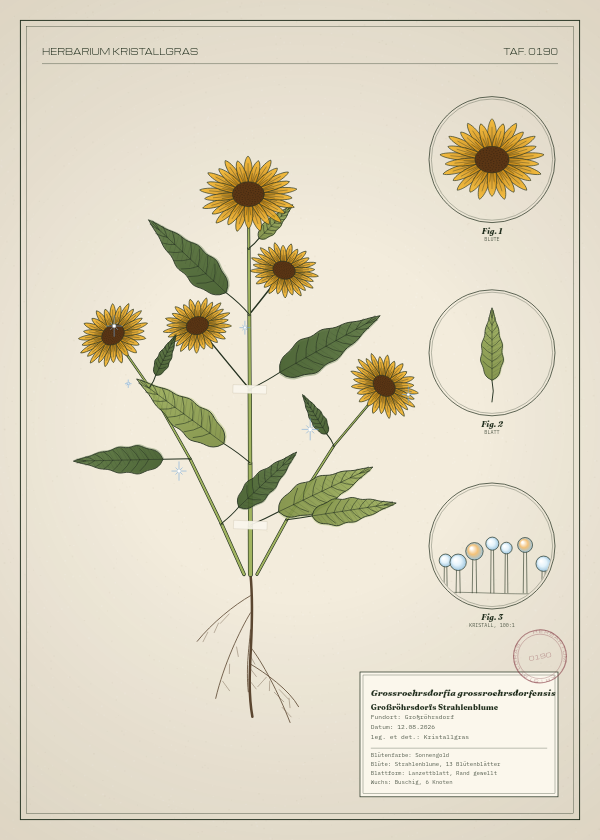 Botanische Tafel: Grossroehrsdorfia grossroehrsdorfensis, eine erfundene Pflanze aus Großröhrsdorf, gezeichnet wie in einem alten Pflanzenatlas