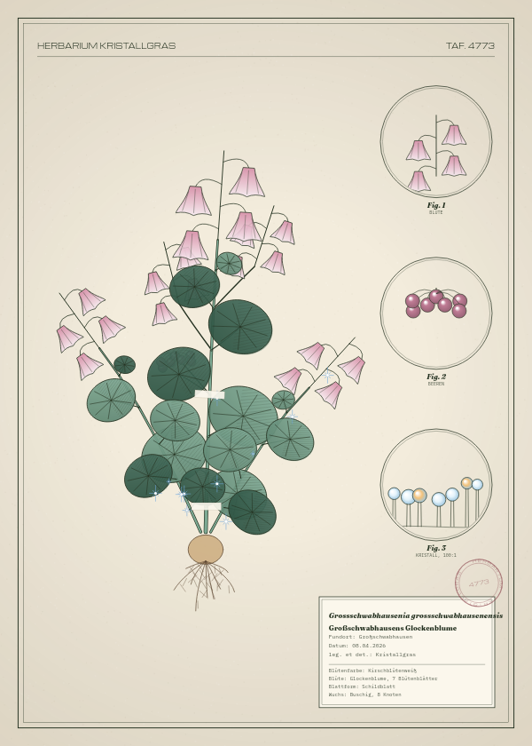 Botanische Tafel: Grossschwabhausenia grossschwabhausenensis, eine erfundene Pflanze aus Großschwabhausen, gezeichnet wie in einem alten Pflanzenatlas