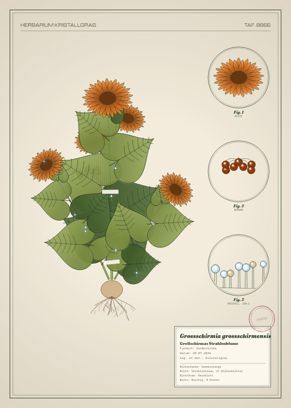 Botanische Tafel: Grossschirmia grossschirmensis, eine erfundene Pflanze aus Großschirma, gezeichnet wie in einem alten Pflanzenatlas