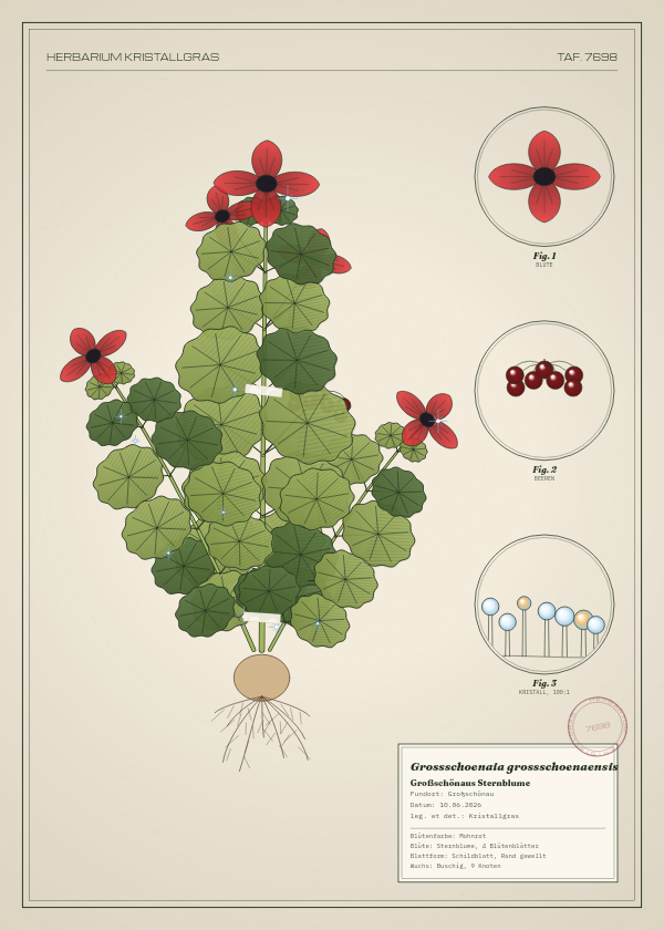 Botanische Tafel: Grossschoenaia grossschoenaensis, eine erfundene Pflanze aus Großschönau, gezeichnet wie in einem alten Pflanzenatlas