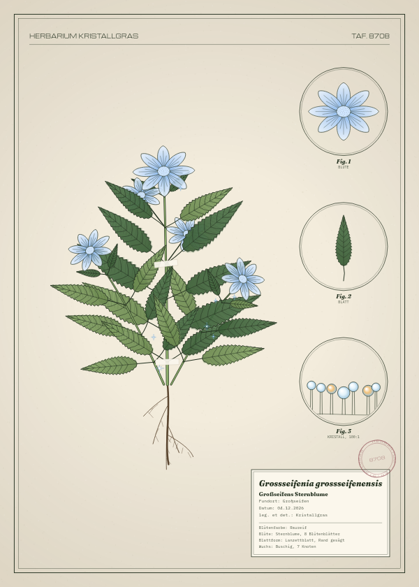 Botanische Tafel: Grossseifenia grossseifenensis, eine erfundene Pflanze aus Großseifen, gezeichnet wie in einem alten Pflanzenatlas