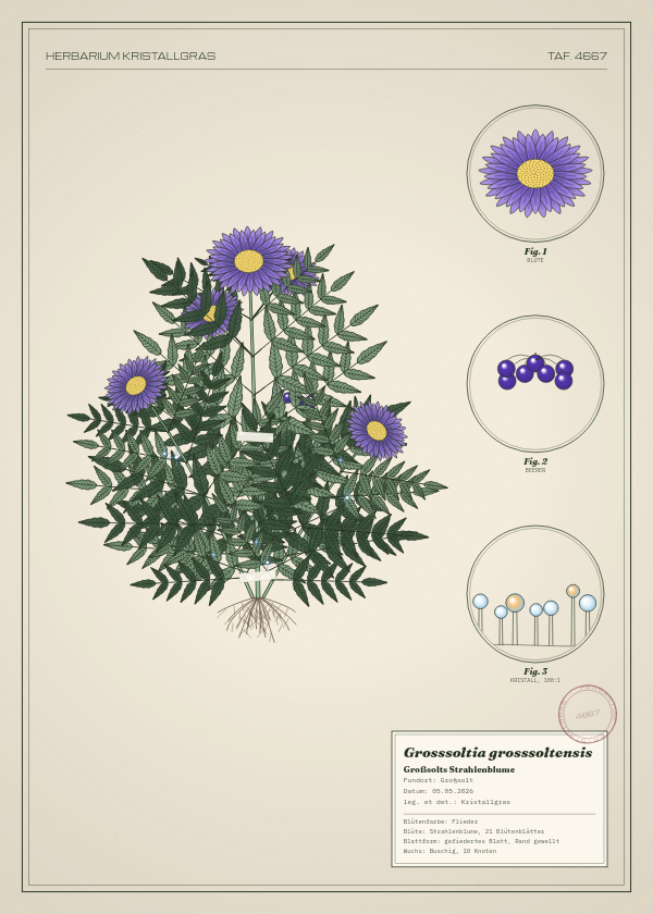 Botanische Tafel: Grosssoltia grosssoltensis, eine erfundene Pflanze aus Großsolt, gezeichnet wie in einem alten Pflanzenatlas