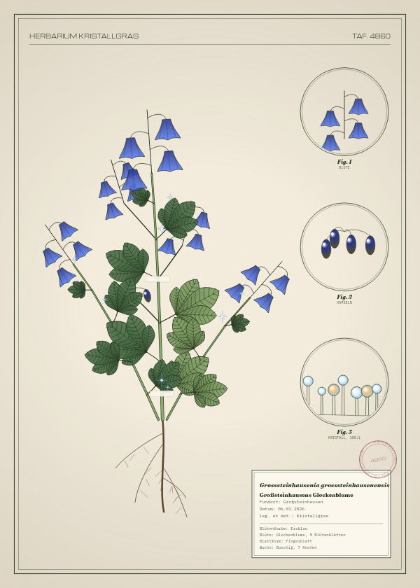 Botanische Tafel: Grosssteinhausenia grosssteinhausenensis, eine erfundene Pflanze aus Großsteinhausen, gezeichnet wie in einem alten Pflanzenatlas