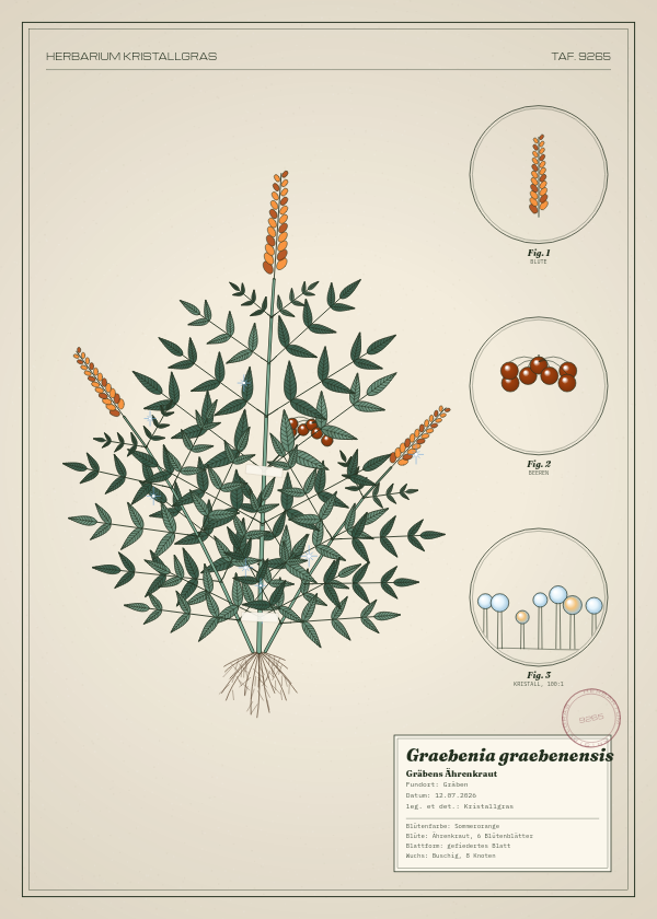 Botanische Tafel: Graebenia graebenensis, eine erfundene Pflanze aus Gräben, gezeichnet wie in einem alten Pflanzenatlas