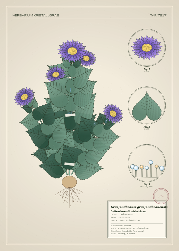 Botanische Tafel: Graefendhronia graefendhronensis, eine erfundene Pflanze aus Gräfendhron, gezeichnet wie in einem alten Pflanzenatlas