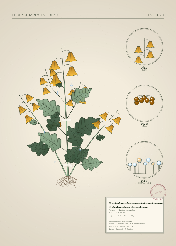 Botanische Tafel: Graefenhainichenia graefenhainichenensis, eine erfundene Pflanze aus Gräfenhainichen, gezeichnet wie in einem alten Pflanzenatlas