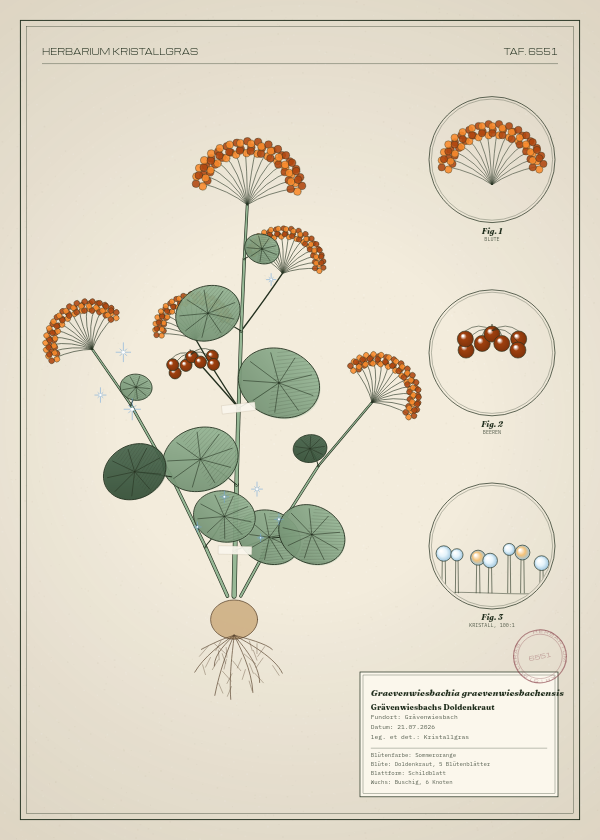 Botanische Tafel: Graevenwiesbachia graevenwiesbachensis, eine erfundene Pflanze aus Grävenwiesbach, gezeichnet wie in einem alten Pflanzenatlas
