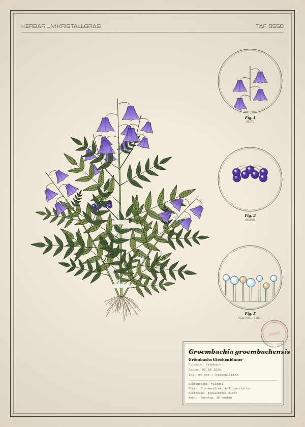 Botanische Tafel: Groembachia groembachensis, eine erfundene Pflanze aus Grömbach, gezeichnet wie in einem alten Pflanzenatlas