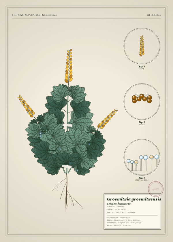 Botanische Tafel: Groemitzia groemitzensis, eine erfundene Pflanze aus Grömitz, gezeichnet wie in einem alten Pflanzenatlas