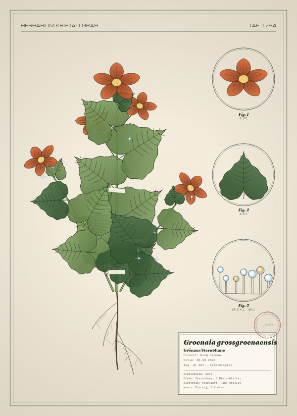 Botanische Tafel: Groenaia grossgroenaensis, eine erfundene Pflanze aus Groß Grönau, gezeichnet wie in einem alten Pflanzenatlas