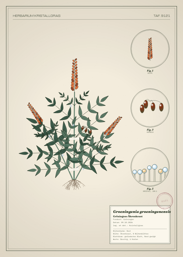 Botanische Tafel: Groeningenia groeningenensis, eine erfundene Pflanze aus Gröningen, gezeichnet wie in einem alten Pflanzenatlas