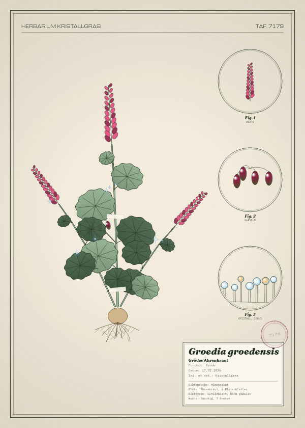 Botanische Tafel: Groedia groedensis, eine erfundene Pflanze aus Gröde, gezeichnet wie in einem alten Pflanzenatlas