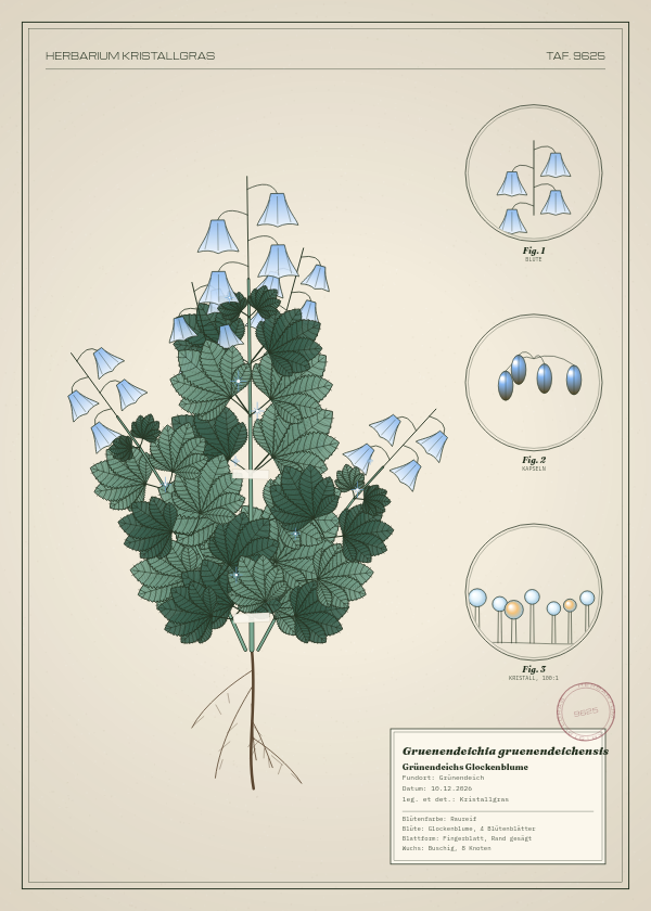 Botanische Tafel: Gruenendeichia gruenendeichensis, eine erfundene Pflanze aus Grünendeich, gezeichnet wie in einem alten Pflanzenatlas