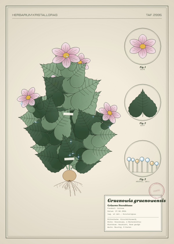 Botanische Tafel: Gruenowia gruenowensis, eine erfundene Pflanze aus Grünow, gezeichnet wie in einem alten Pflanzenatlas