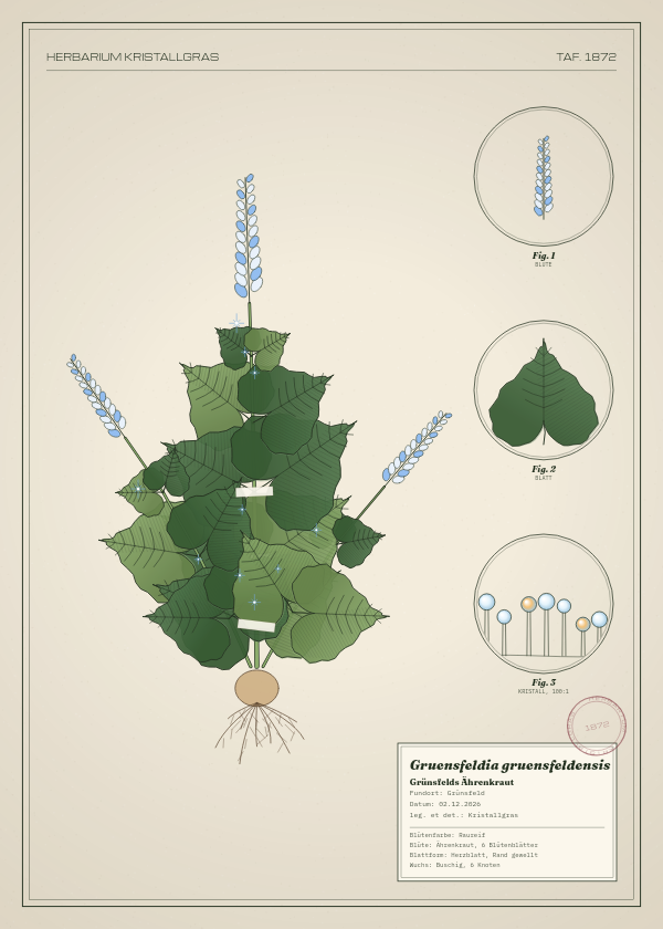 Botanische Tafel: Gruensfeldia gruensfeldensis, eine erfundene Pflanze aus Grünsfeld, gezeichnet wie in einem alten Pflanzenatlas