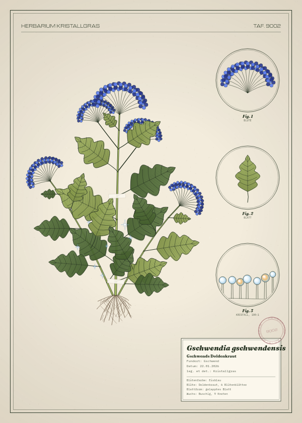 Botanische Tafel: Gschwendia gschwendensis, eine erfundene Pflanze aus Gschwend, gezeichnet wie in einem alten Pflanzenatlas