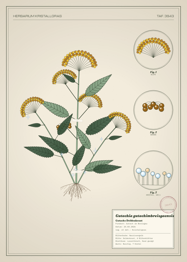 Botanische Tafel: Gutachia gutachimbreisgaensis, eine erfundene Pflanze aus Gutach im Breisgau, gezeichnet wie in einem alten Pflanzenatlas