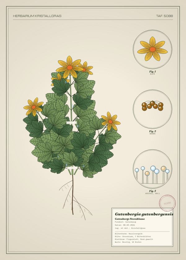 Botanische Tafel: Gutenbergia gutenbergensis, eine erfundene Pflanze aus Gutenberg, gezeichnet wie in einem alten Pflanzenatlas