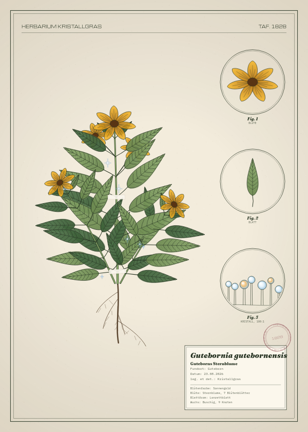 Botanische Tafel: Gutebornia gutebornensis, eine erfundene Pflanze aus Guteborn, gezeichnet wie in einem alten Pflanzenatlas