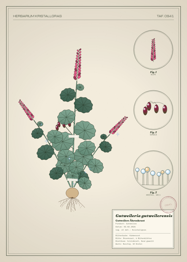 Botanische Tafel: Gutweileria gutweilerensis, eine erfundene Pflanze aus Gutweiler, gezeichnet wie in einem alten Pflanzenatlas