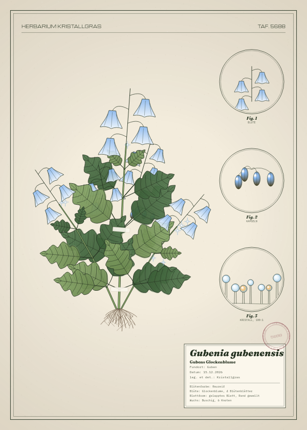 Botanische Tafel: Gubenia gubenensis, eine erfundene Pflanze aus Guben, gezeichnet wie in einem alten Pflanzenatlas
