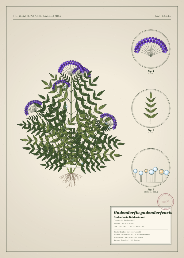 Botanische Tafel: Gudendorfia gudendorfensis, eine erfundene Pflanze aus Gudendorf, gezeichnet wie in einem alten Pflanzenatlas