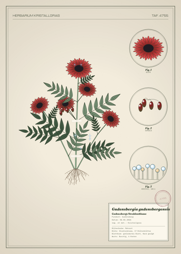 Botanische Tafel: Gudensbergia gudensbergensis, eine erfundene Pflanze aus Gudensberg, gezeichnet wie in einem alten Pflanzenatlas