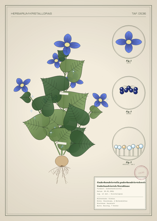Botanische Tafel: Guderhandviertelia guderhandviertelensis, eine erfundene Pflanze aus Guderhandviertel, gezeichnet wie in einem alten Pflanzenatlas