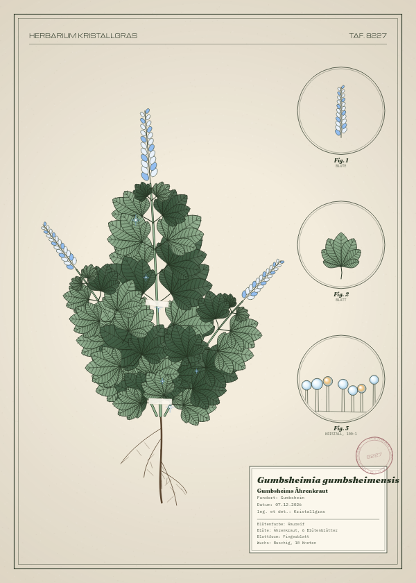 Botanische Tafel: Gumbsheimia gumbsheimensis, eine erfundene Pflanze aus Gumbsheim, gezeichnet wie in einem alten Pflanzenatlas