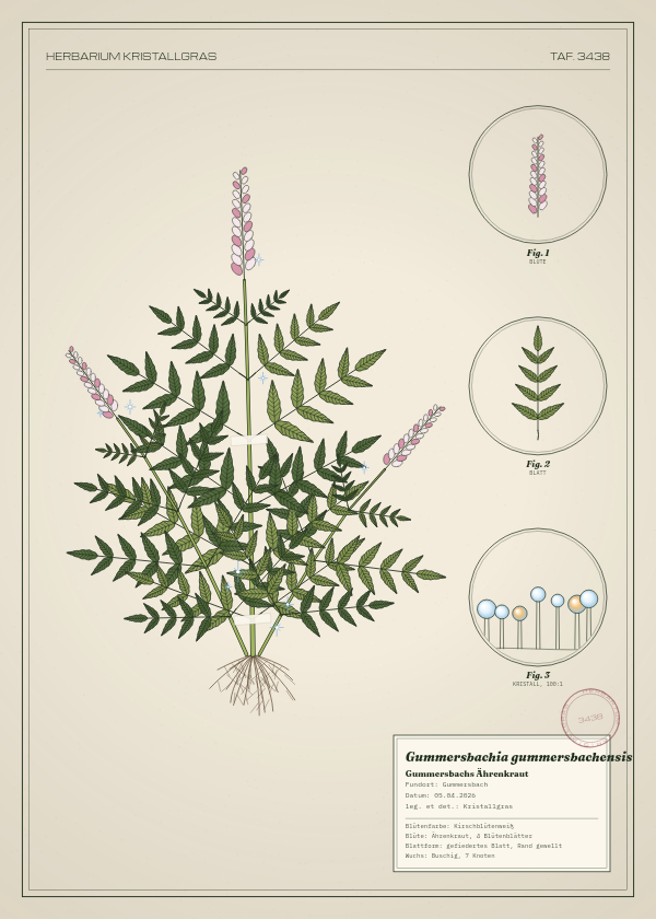 Botanische Tafel: Gummersbachia gummersbachensis, eine erfundene Pflanze aus Gummersbach, gezeichnet wie in einem alten Pflanzenatlas