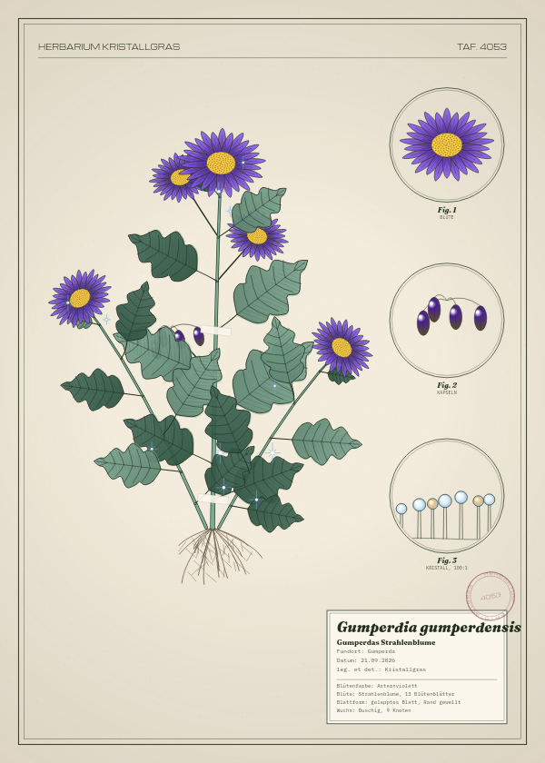 Botanische Tafel: Gumperdia gumperdensis, eine erfundene Pflanze aus Gumperda, gezeichnet wie in einem alten Pflanzenatlas