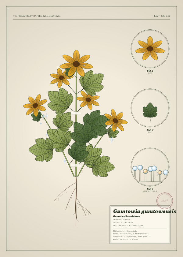 Botanische Tafel: Gumtowia gumtowensis, eine erfundene Pflanze aus Gumtow, gezeichnet wie in einem alten Pflanzenatlas