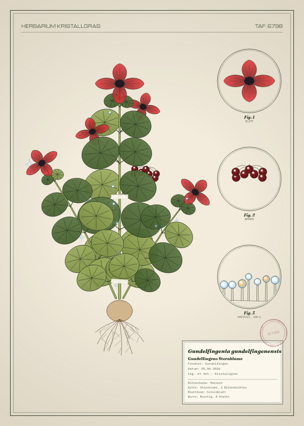 Botanische Tafel: Gundelfingenia gundelfingenensis, eine erfundene Pflanze aus Gundelfingen, gezeichnet wie in einem alten Pflanzenatlas