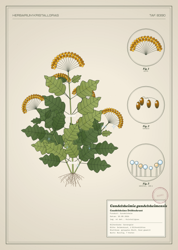 Botanische Tafel: Gundelsheimia gundelsheimensis, eine erfundene Pflanze aus Gundelsheim, gezeichnet wie in einem alten Pflanzenatlas